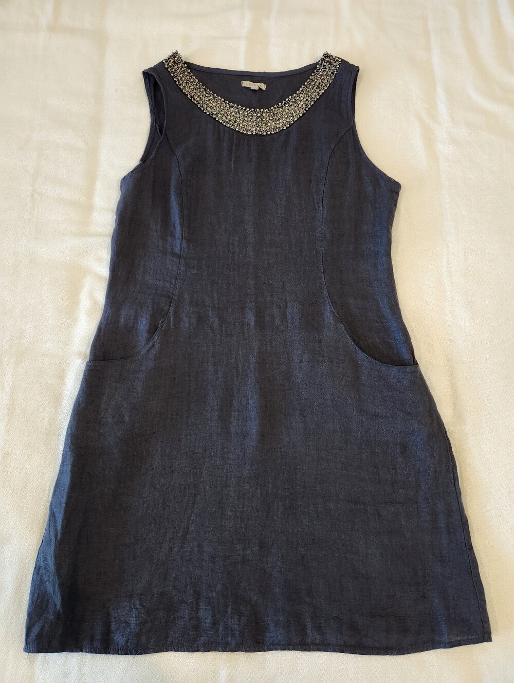 Lina Tomei Linen Dress Large Womens Blue Beaded Embellished ITALY Pockets Shift